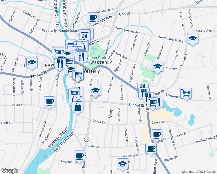 map of restaurants, bars, coffee shops, grocery stores, and more near 24 Chestnut Street in Westerly