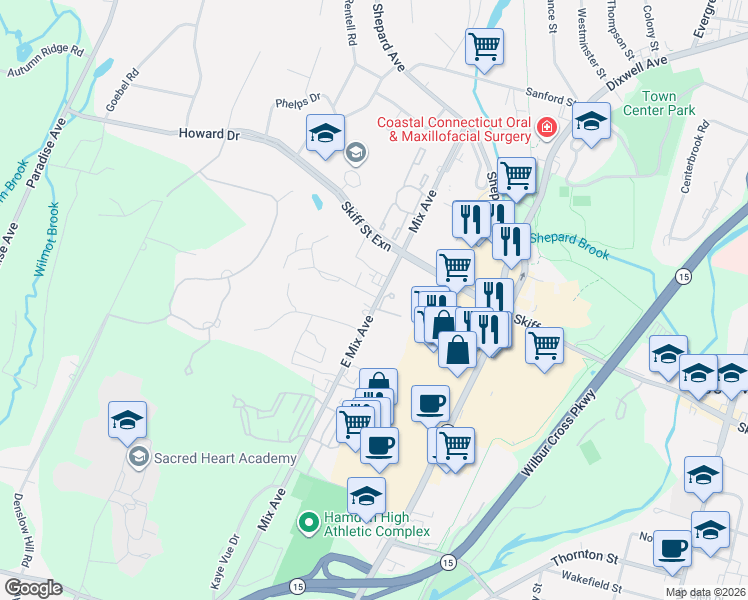 map of restaurants, bars, coffee shops, grocery stores, and more near 2 Towne House Road in Hamden