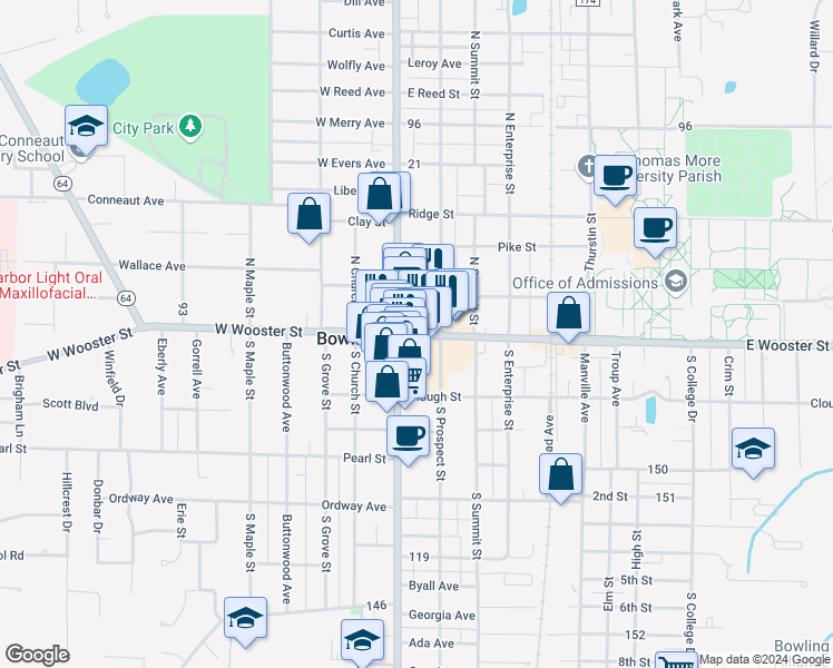 map of restaurants, bars, coffee shops, grocery stores, and more near 176 East Wooster Street in Bowling Green
