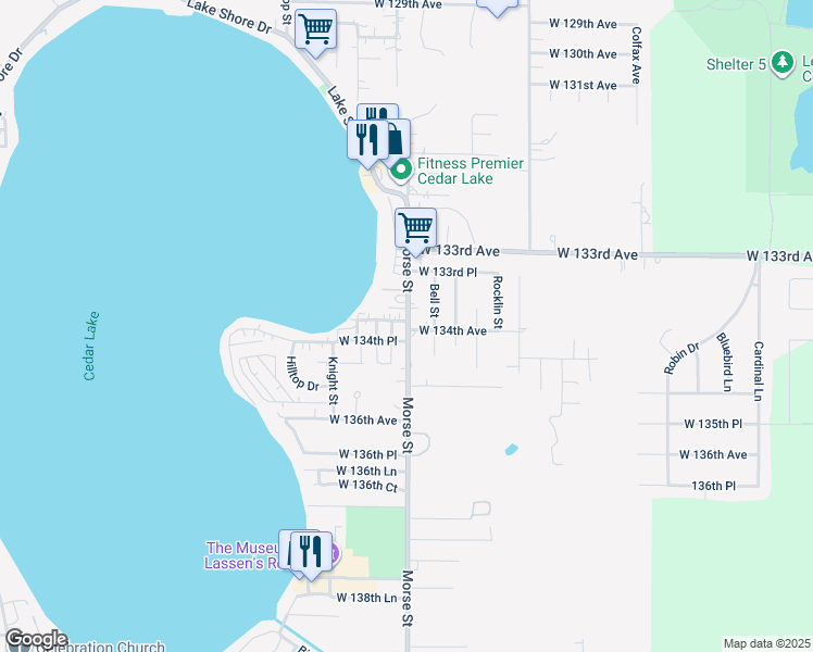 map of restaurants, bars, coffee shops, grocery stores, and more near 13407 Morse Street in Cedar Lake