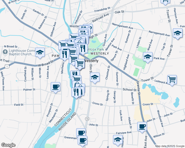map of restaurants, bars, coffee shops, grocery stores, and more near 18 Elm Street in Westerly