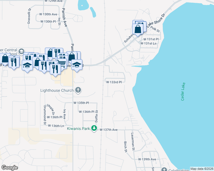 map of restaurants, bars, coffee shops, grocery stores, and more near 9001 West 133rd Place in Cedar Lake