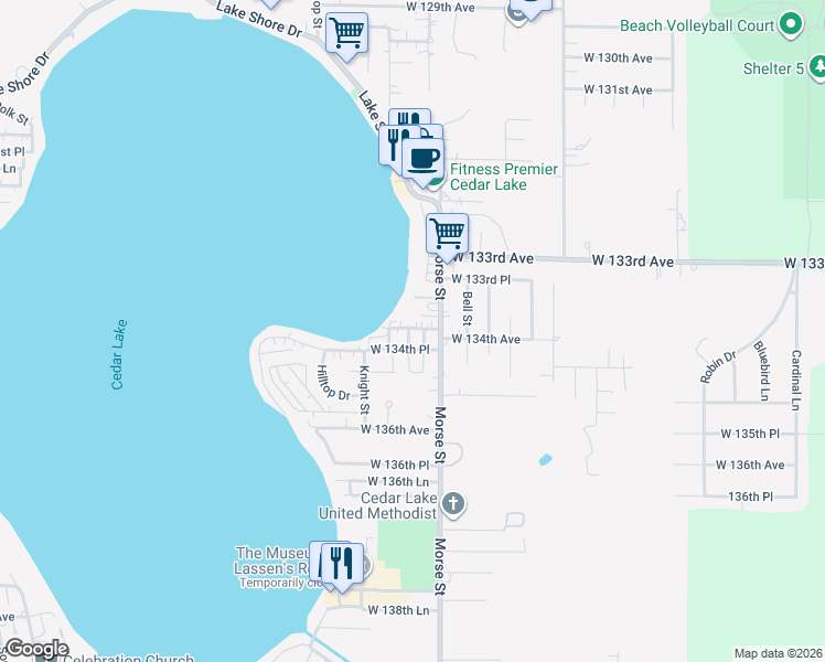 map of restaurants, bars, coffee shops, grocery stores, and more near 7310 West 134th Place in Cedar Lake