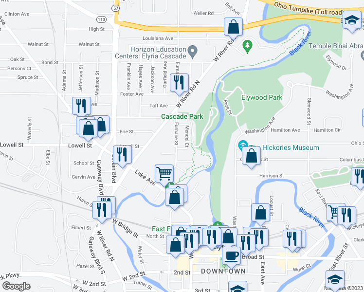 map of restaurants, bars, coffee shops, grocery stores, and more near 106 Hillsdale Court in Elyria