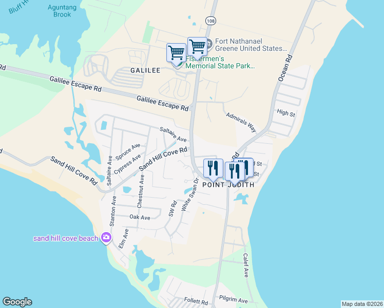map of restaurants, bars, coffee shops, grocery stores, and more near 1110 Point Judith Road in Narragansett