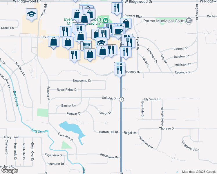 map of restaurants, bars, coffee shops, grocery stores, and more near 7600 Royal Ridge Drive in Parma