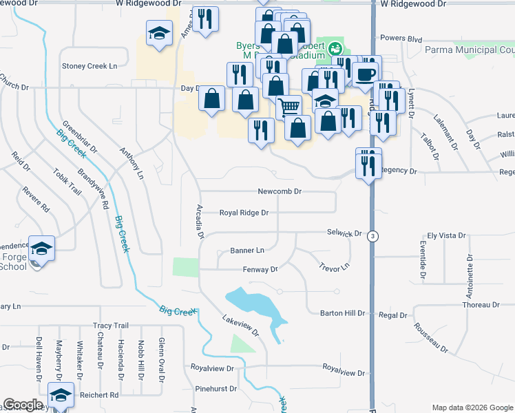 map of restaurants, bars, coffee shops, grocery stores, and more near 8375 Royal Ridge Drive in Parma