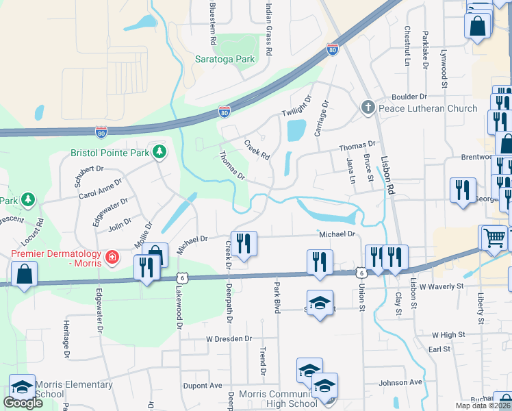 map of restaurants, bars, coffee shops, grocery stores, and more near 1636 Creek Drive in Morris