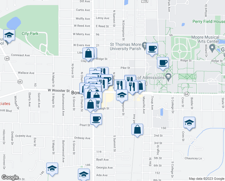 map of restaurants, bars, coffee shops, grocery stores, and more near 225 East Wooster Street in Bowling Green