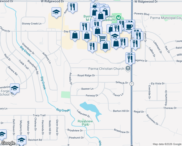 map of restaurants, bars, coffee shops, grocery stores, and more near 8375 Royal Ridge Drive in Parma