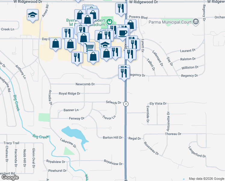 map of restaurants, bars, coffee shops, grocery stores, and more near 7600 Royal Ridge Drive in Parma