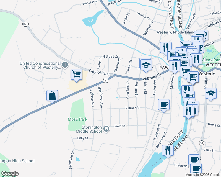 map of restaurants, bars, coffee shops, grocery stores, and more near 23 Connecticut Avenue in Stonington