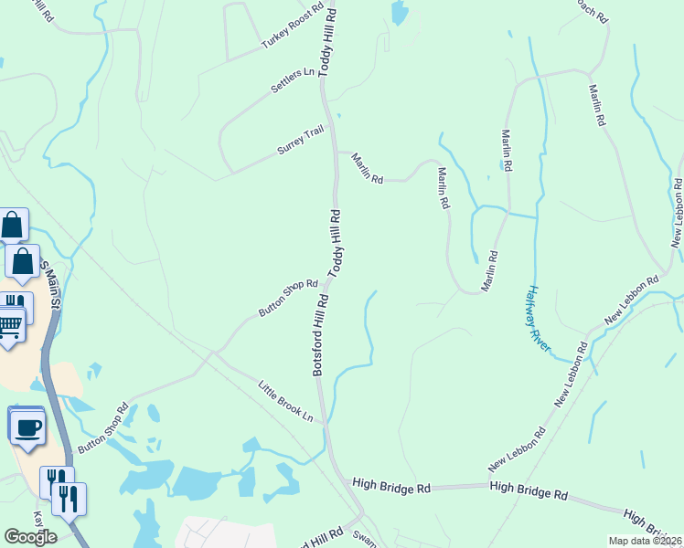 map of restaurants, bars, coffee shops, grocery stores, and more near 58 Botsford Hill Road in Newtown