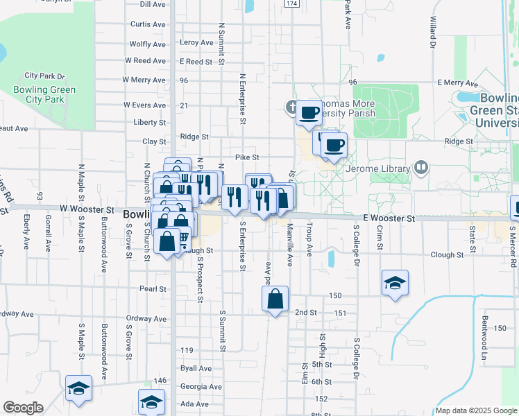 map of restaurants, bars, coffee shops, grocery stores, and more near 111 Railroad Street in Bowling Green