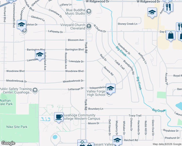 map of restaurants, bars, coffee shops, grocery stores, and more near 6935 York Road in Parma Heights