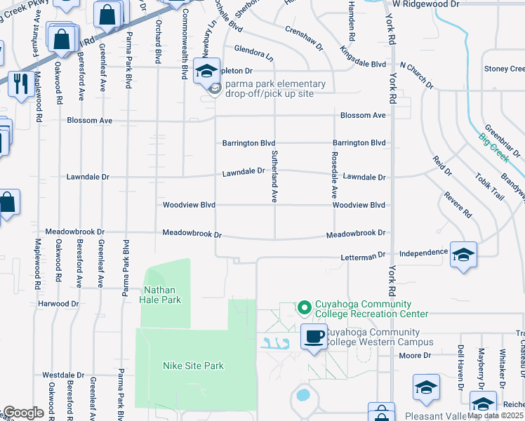 map of restaurants, bars, coffee shops, grocery stores, and more near 11492 Meadowbrook Drive in Parma Heights