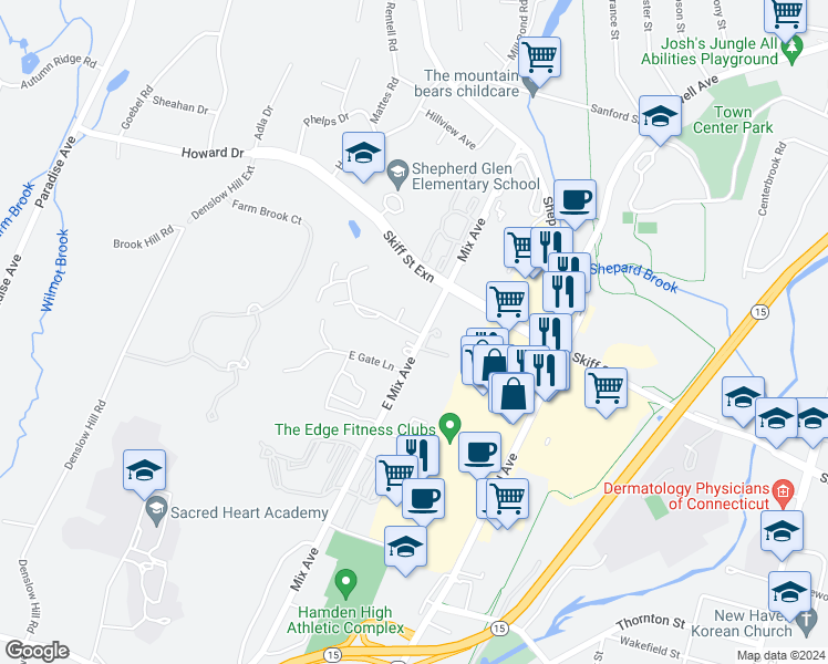 map of restaurants, bars, coffee shops, grocery stores, and more near 21 Towne House Road in Hamden