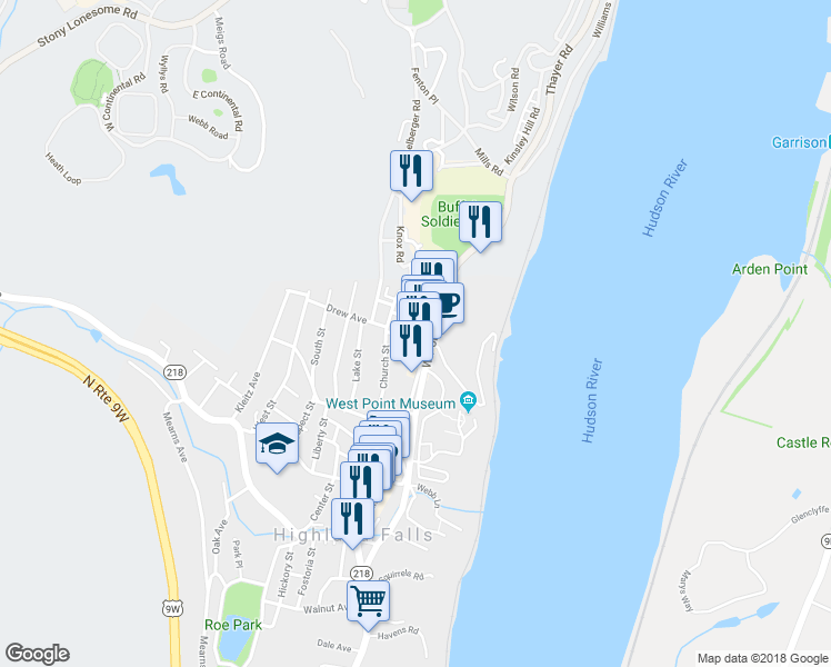 map of restaurants, bars, coffee shops, grocery stores, and more near 6 Drew Avenue in Highland Falls