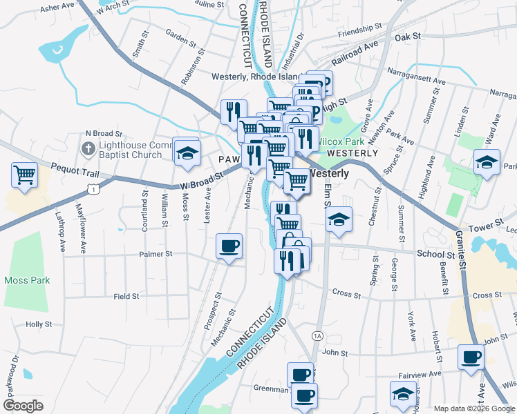 map of restaurants, bars, coffee shops, grocery stores, and more near 52 Mechanic Street in Stonington