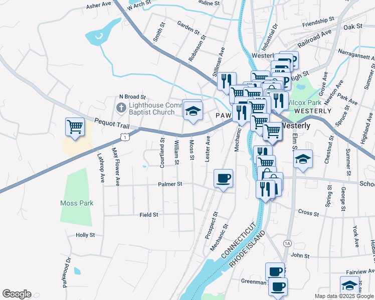 map of restaurants, bars, coffee shops, grocery stores, and more near 17 Moss Street in Stonington