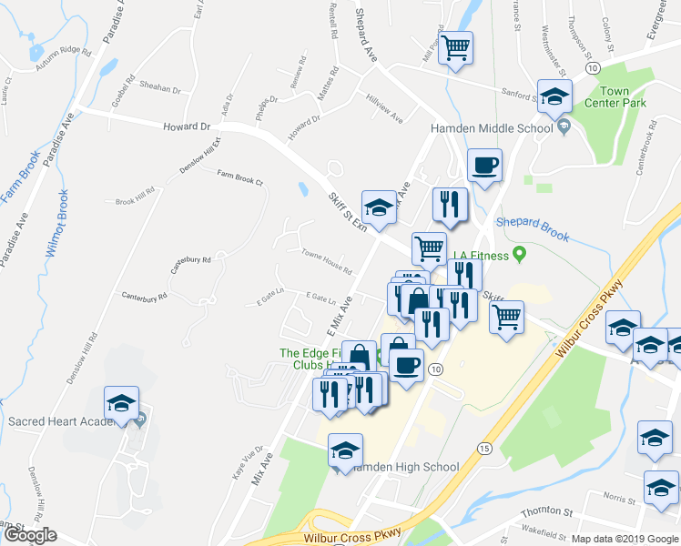 map of restaurants, bars, coffee shops, grocery stores, and more near 23 East Gate Lane in Hamden