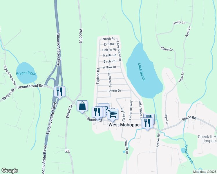 map of restaurants, bars, coffee shops, grocery stores, and more near 66 Orchard Road in Mahopac