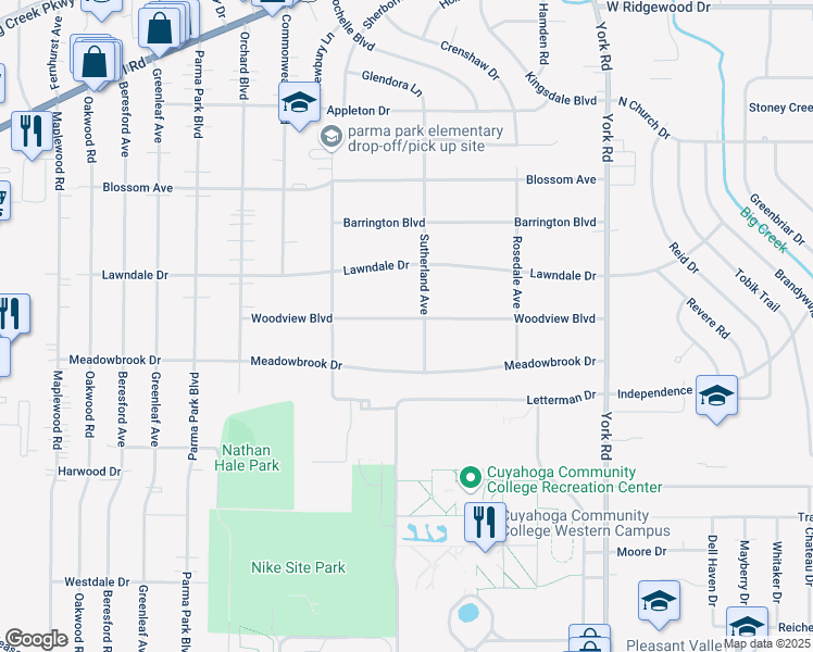 map of restaurants, bars, coffee shops, grocery stores, and more near 11492 Meadowbrook Drive in Parma Heights