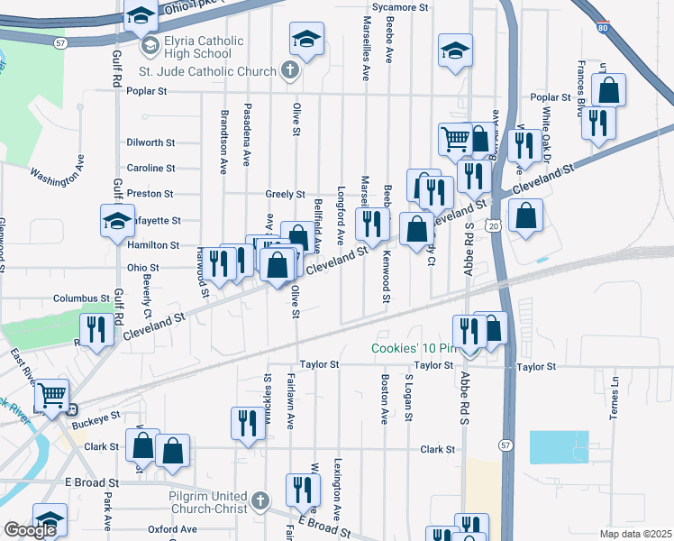 map of restaurants, bars, coffee shops, grocery stores, and more near 127 Edgewood Street in Elyria