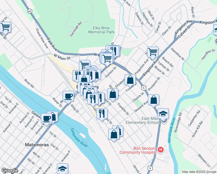 map of restaurants, bars, coffee shops, grocery stores, and more near 12 Franklin Street in Port Jervis