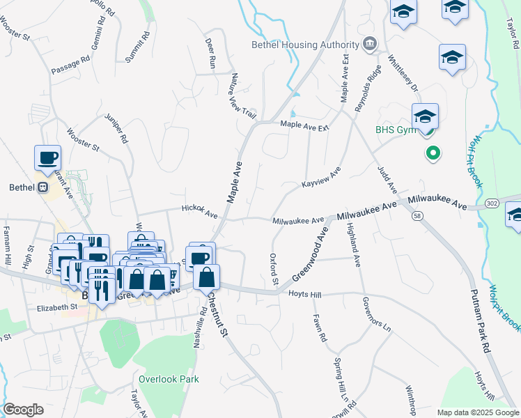 map of restaurants, bars, coffee shops, grocery stores, and more near 32 Milwaukee Avenue in Bethel