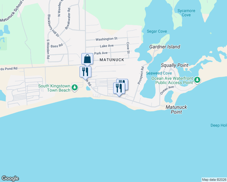 map of restaurants, bars, coffee shops, grocery stores, and more near 883 Matunuck Beach Road in South Kingstown