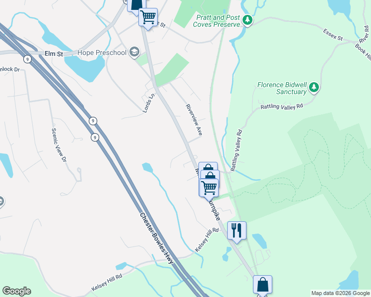 map of restaurants, bars, coffee shops, grocery stores, and more near 326 Main Street in Deep River