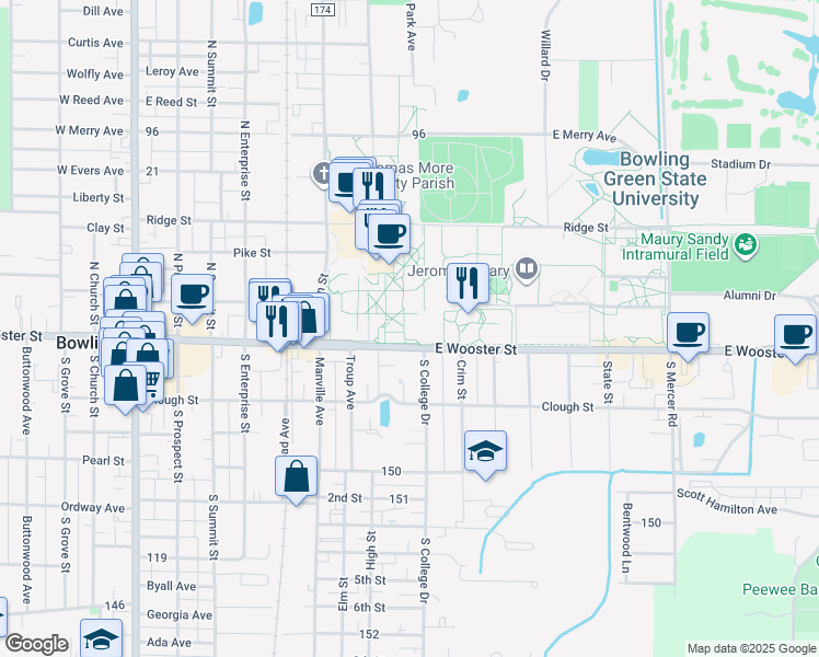 map of restaurants, bars, coffee shops, grocery stores, and more near East Wooster Street in Bowling Green
