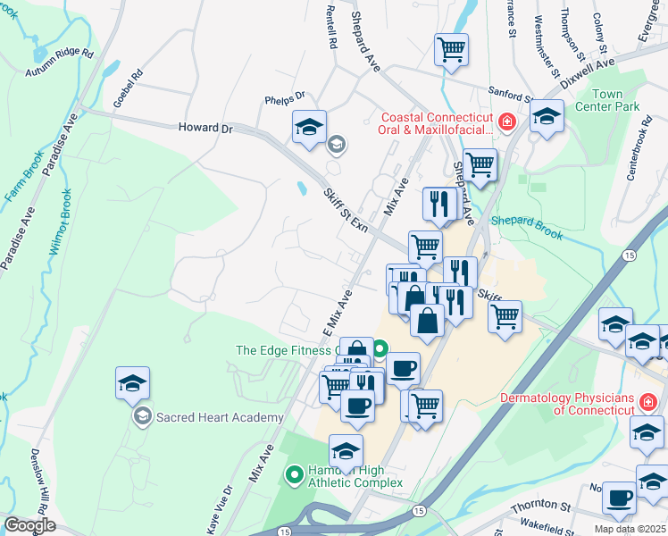 map of restaurants, bars, coffee shops, grocery stores, and more near 23 East Gate Lane in Hamden