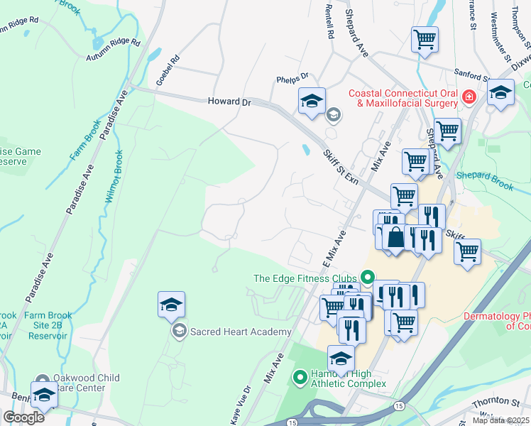 map of restaurants, bars, coffee shops, grocery stores, and more near 42 Canterbury Road in Hamden
