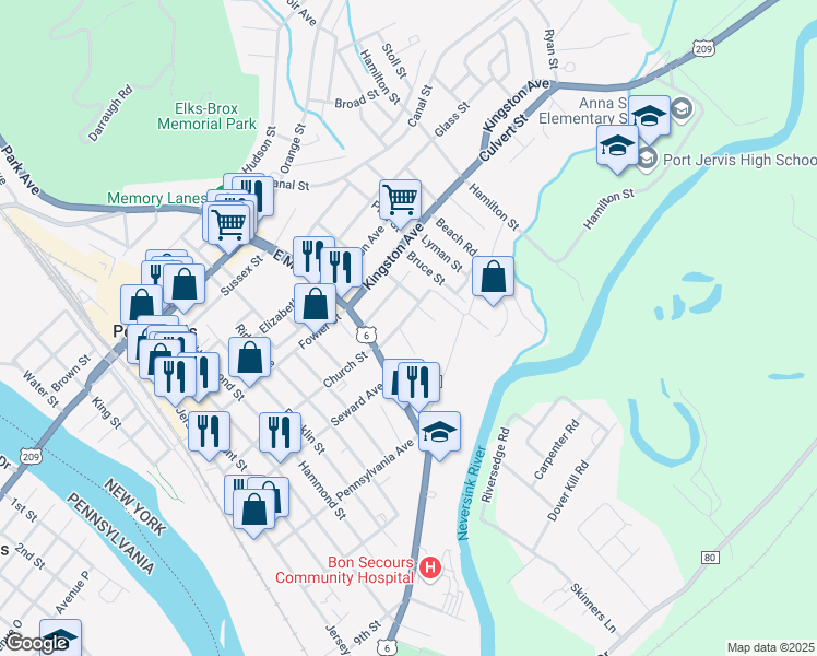 map of restaurants, bars, coffee shops, grocery stores, and more near 10 Jones Street in Port Jervis