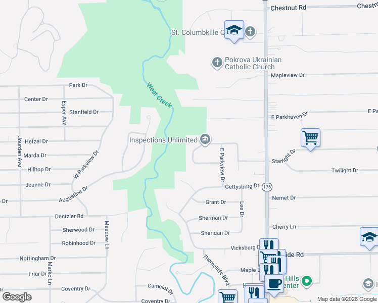 map of restaurants, bars, coffee shops, grocery stores, and more near 1720 Fatima Drive in Parma