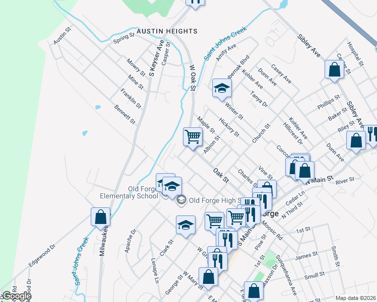 map of restaurants, bars, coffee shops, grocery stores, and more near 700 Oak Street in Old Forge