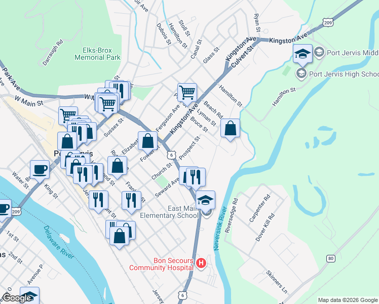 map of restaurants, bars, coffee shops, grocery stores, and more near 78 East Main Street in Port Jervis
