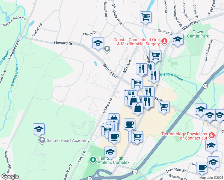 map of restaurants, bars, coffee shops, grocery stores, and more near 2 Towne House Road in Hamden