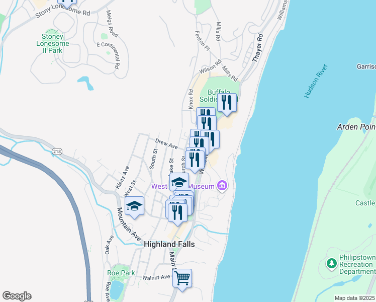 map of restaurants, bars, coffee shops, grocery stores, and more near 20 Drew Avenue in Highland Falls