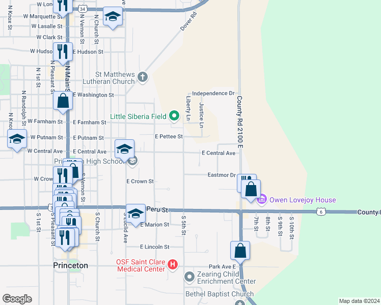 map of restaurants, bars, coffee shops, grocery stores, and more near 611 East Central Avenue in Princeton