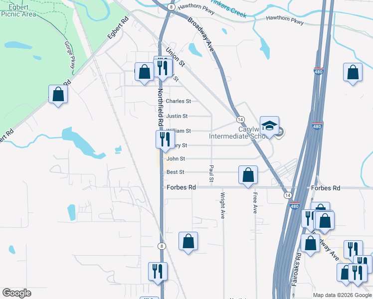 map of restaurants, bars, coffee shops, grocery stores, and more near 54 John Street in Bedford