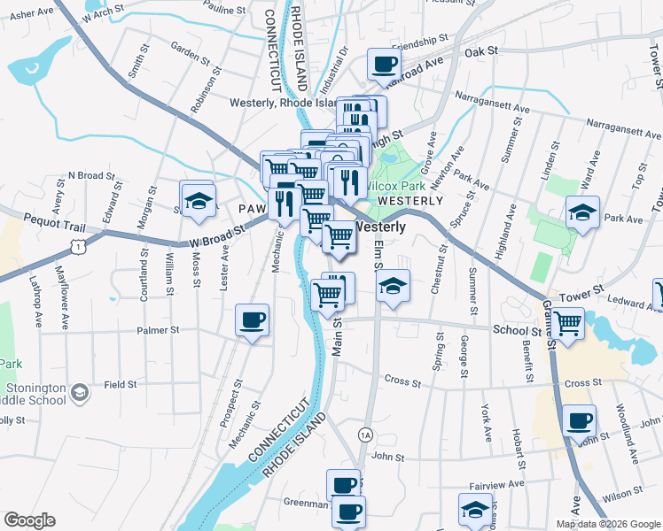 map of restaurants, bars, coffee shops, grocery stores, and more near 19 Union Street in Westerly