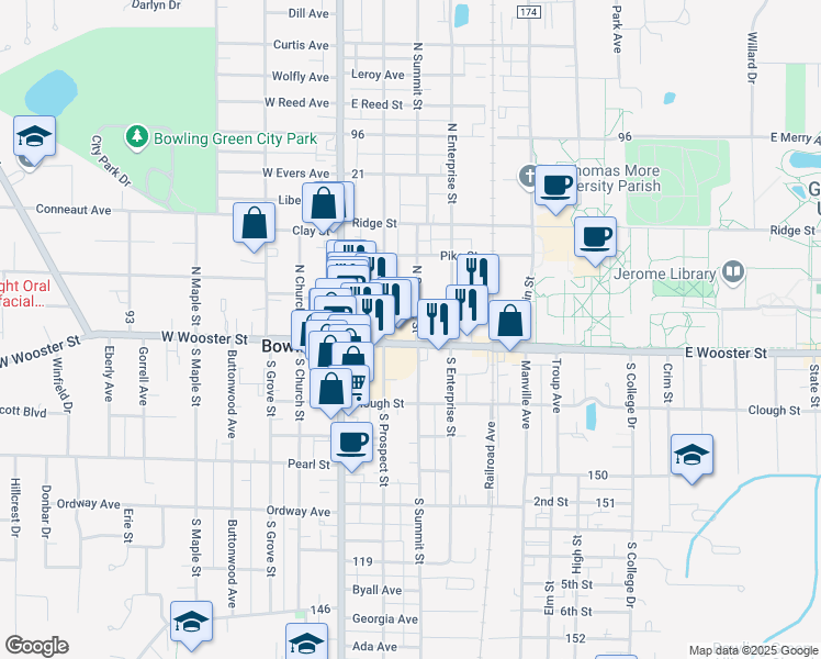 map of restaurants, bars, coffee shops, grocery stores, and more near 117 North Summit Street in Bowling Green