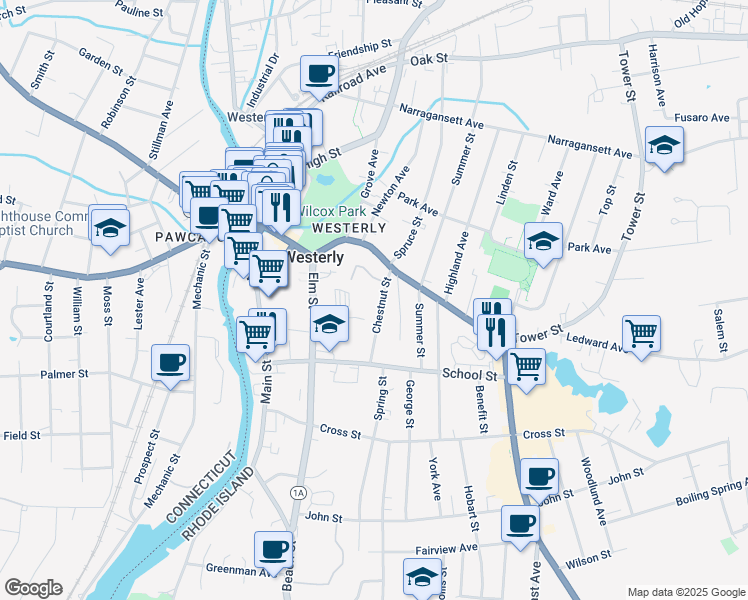 map of restaurants, bars, coffee shops, grocery stores, and more near 3 Chestnut Street in Westerly