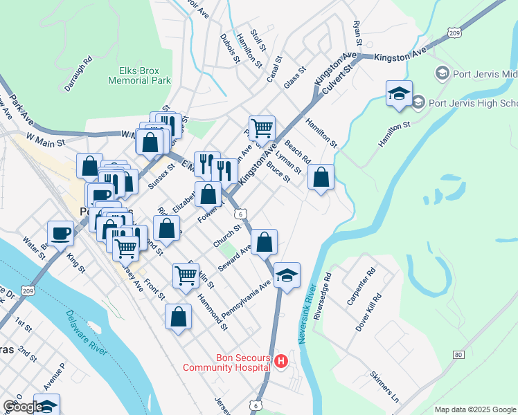 map of restaurants, bars, coffee shops, grocery stores, and more near 15 Kellogg Avenue in Port Jervis