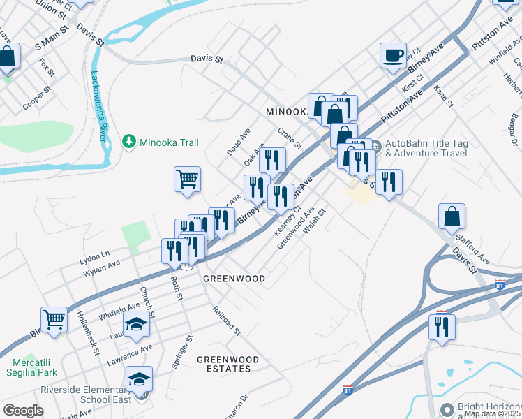map of restaurants, bars, coffee shops, grocery stores, and more near 3276 Birney Avenue in Scranton