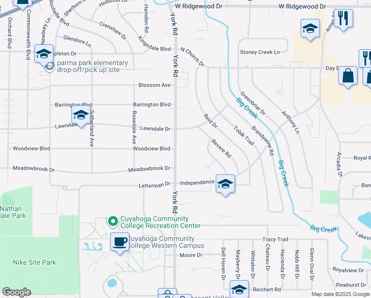 map of restaurants, bars, coffee shops, grocery stores, and more near 6903 York Road in Parma Heights