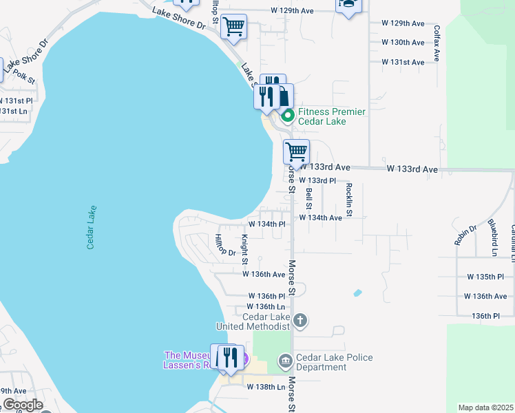 map of restaurants, bars, coffee shops, grocery stores, and more near 13318 Morse St in Cedar Lake